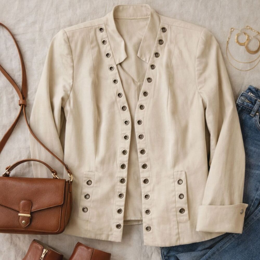 Y2K Grommet Jacket Cream Utility Military Style Cotton Stretch Minimalist Sz 10